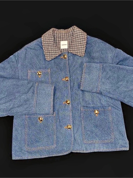 Sandro Jackets & Blazers - Sandro Elias Denim Jacket Houndstooth Blue & Brown Size 40